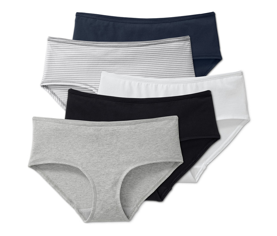 Fünf Pantys in den Farben: Marineblau, Grau-weiße Streifen, Weiß, Schwarz und Grau.