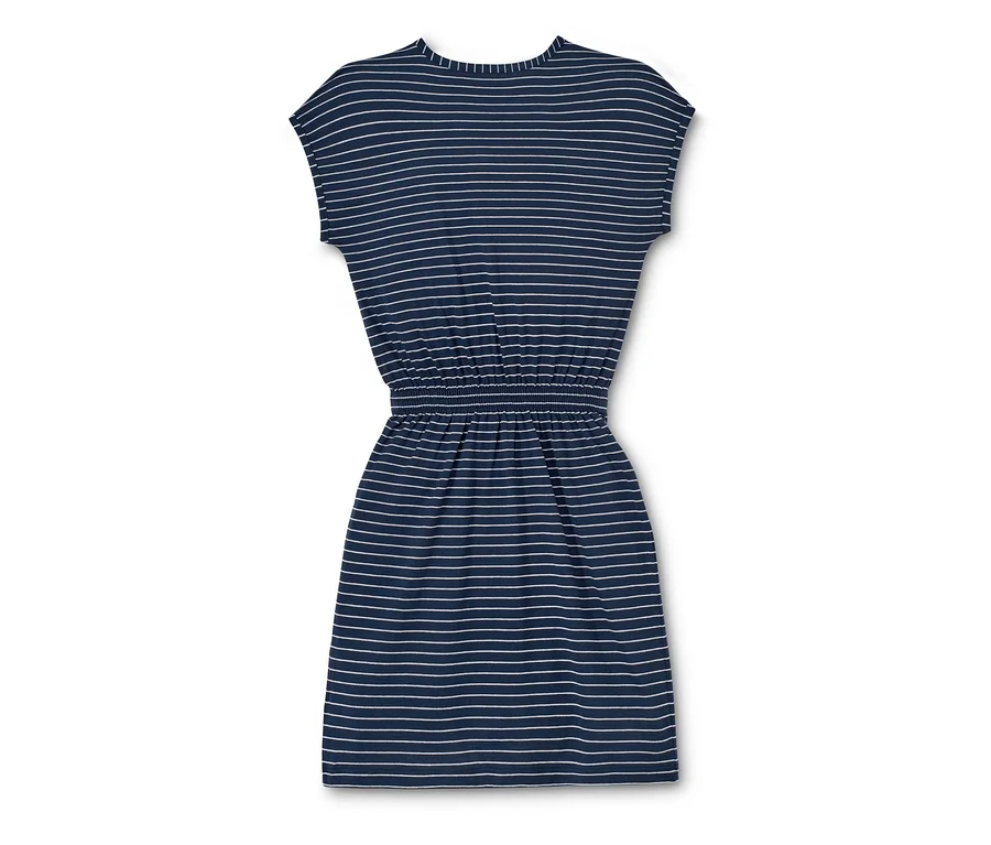Blaues Jerseykleid mit weißen Streifen.