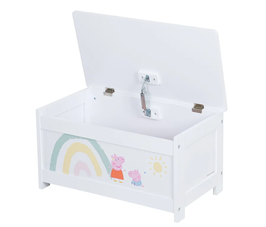 Weißer Spielzeugkoffer mit offenem Deckel, verziert mit Peppa Pig, Regenbogen und Sonne.