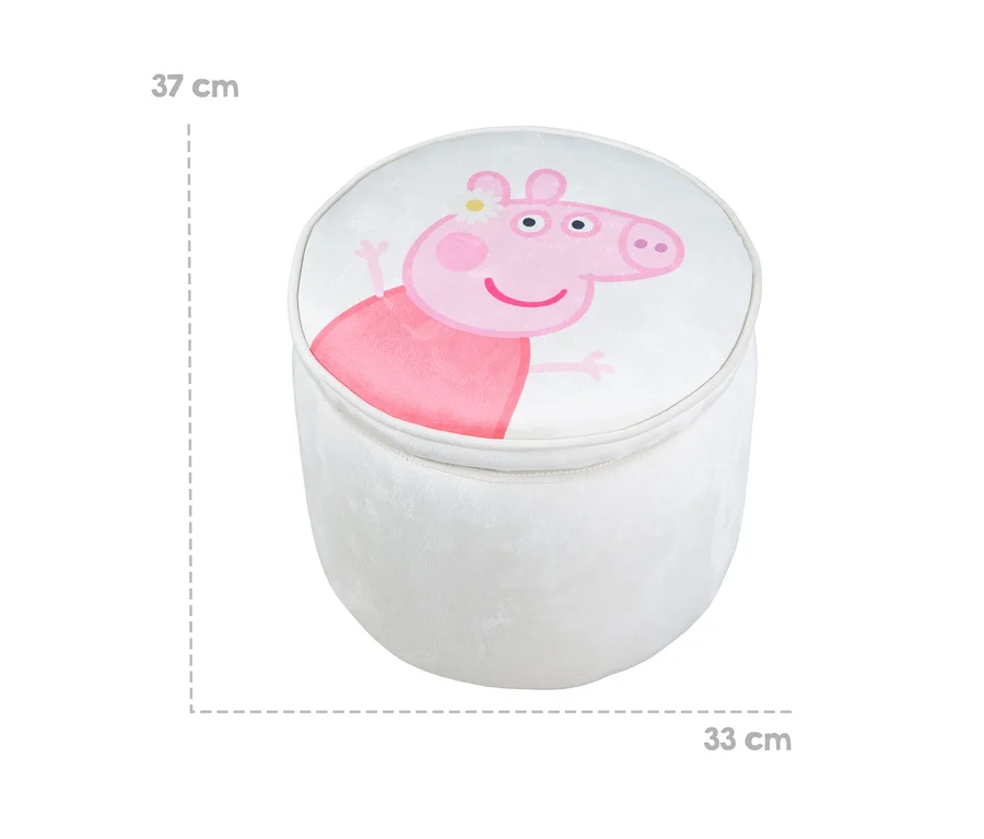 Ein runder, weißer Hocker mit einem Peppa Pig-Motiv auf der Oberseite.