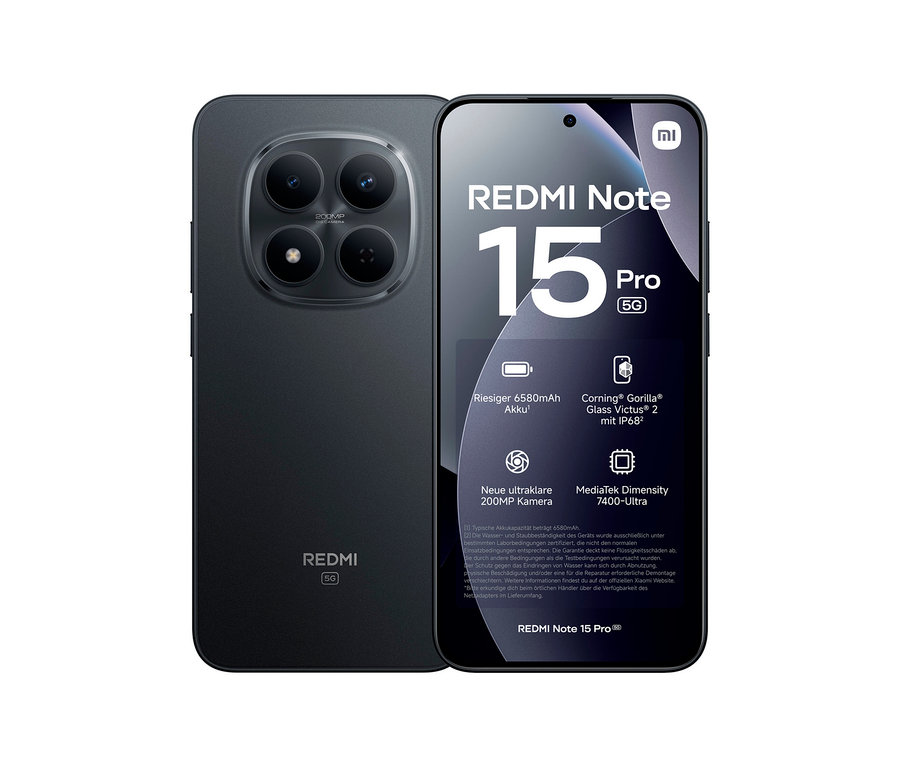 Zwei schwarze Redmi Note 15 Pro 5G Smartphones. Eines zeigt die Rückseite mit einem großen runden 200MP Kameramodul, das andere die Vorderseite mit dem Schriftzug 'REDMI Note 15 Pro 5G' und Merkmalen wie 6580mAh Akku, Corning Gorilla Glass Victus 2 mit IP68 und MediaTek Dimensity 7400-Ultra Prozessor.