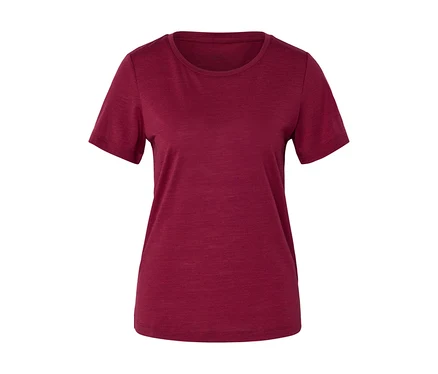 Ein schlichtes, kurzärmeliges T-Shirt mit Rundhalsausschnitt in tiefroter Farbe, auf weißem Hintergrund.