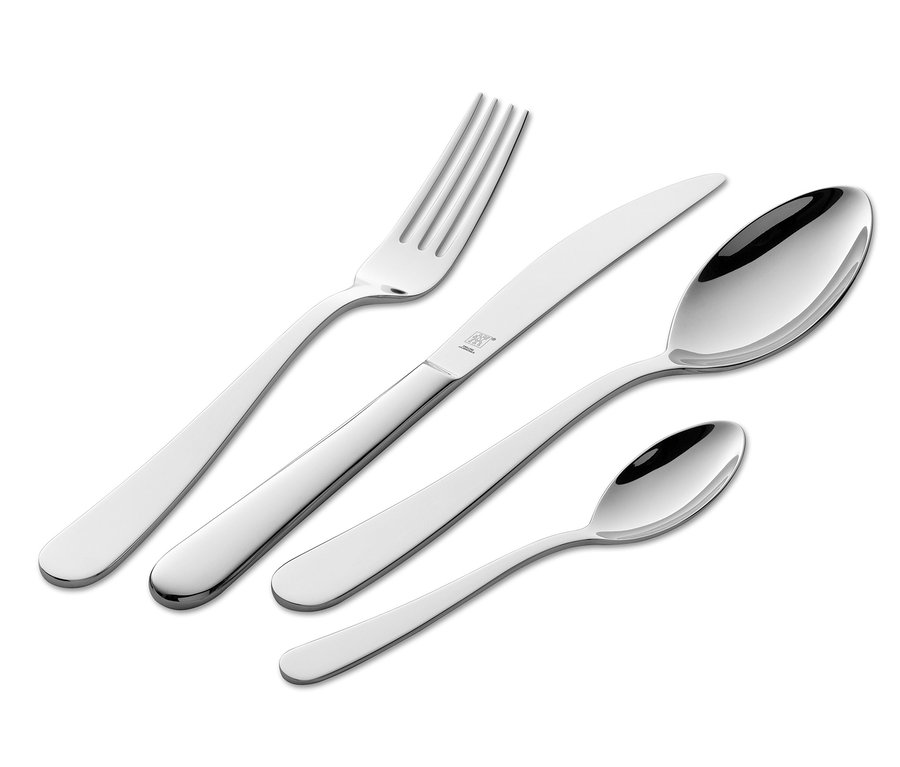 Eine Gabel, ein Messer, ein Suppenlöffel und ein Teelöffel aus dem ZWILLING® 30-teiligen Tafelbesteck »Greenwich« liegen auf einem weißen Hintergrund.
