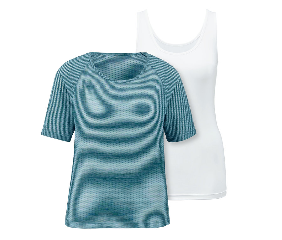 Blaues 2-in-1-Sporttop und weißes Top.