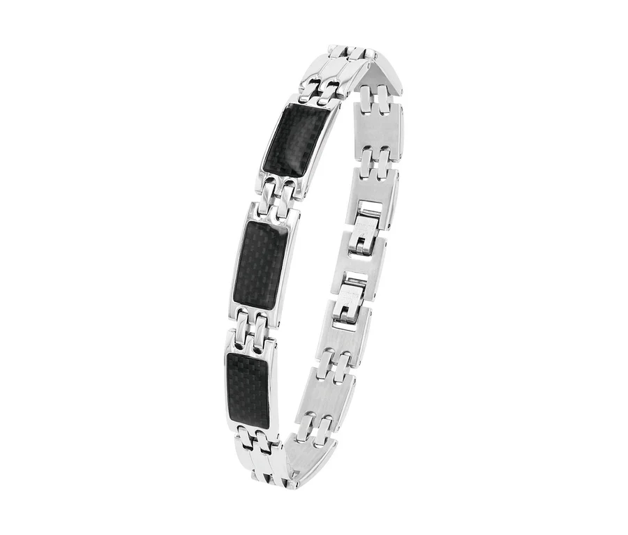 Silbernes Armband mit schwarzen, rechteckigen Akzenten auf weißem Hintergrund.