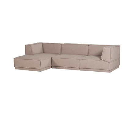 Beigefarbenes L-förmiges Ecksofa mit Chaiselongue auf der linken Seite, aus strukturiertem Stoff und modularem Design.
