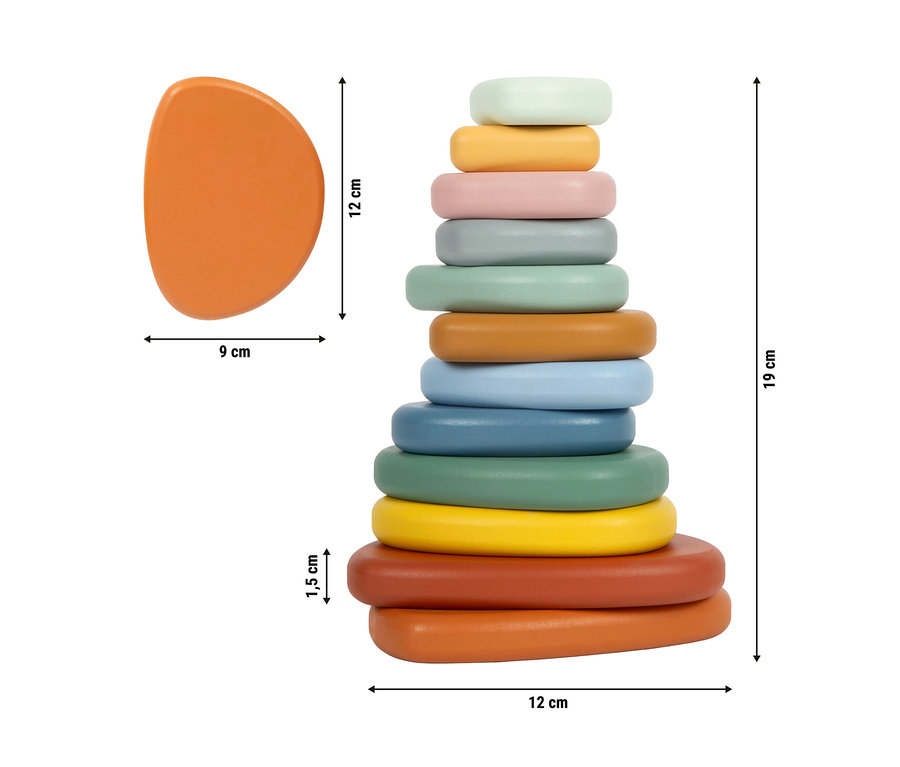 Buntes Stapelspielzeug aus unregelmäßig geformten, flachen Ringen in Pastell- und Erdtönen, von groß nach klein gestapelt. Gesamt 19 cm hoch, 12 cm breit. Ein Ring ist 12x9 cm und 1,5 cm dick.