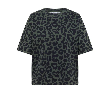CECIL Jerseyshirt in Dunkelgrün mit schwarzem Leopardenmuster.