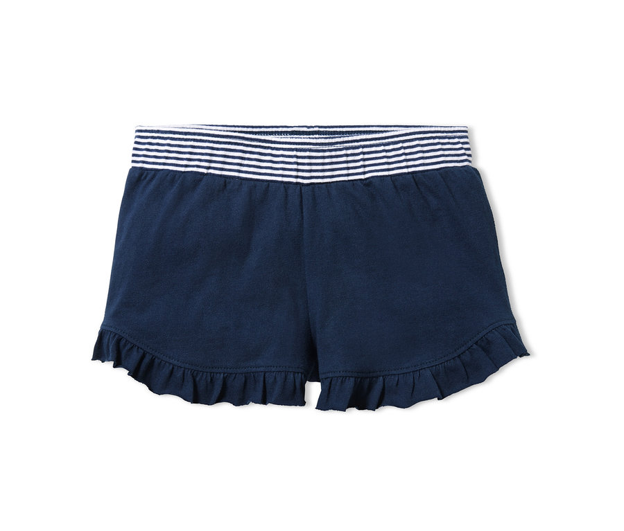 Marineblaue Jersey-Shorts mit Rüschen und gestreiftem Bund.