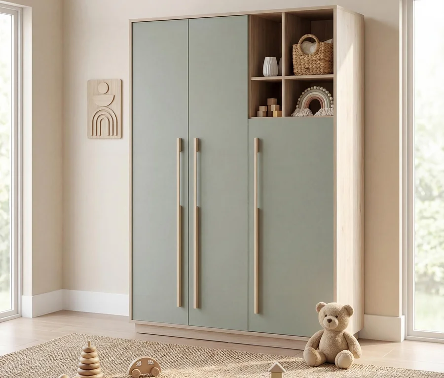 Ein Kinderzimmer mit einem Roba Selva Kleiderschrank in Reed Green und Virginia Chestnut, der drei Türen und offene Regale mit Spielzeug und Deko hat. Ein Teddybär sitzt auf einem Teppich auf dem Holzboden, umgeben von Holzspielzeug.