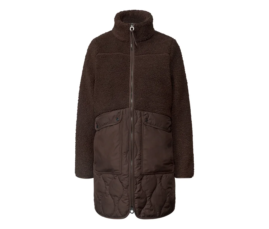 Dunkelbrauner Street One Teddymantel mit hohem Kragen, durchgehendem Reißverschluss und zwei Pattentaschen. Der obere Teil ist aus flauschigem Teddystoff, der untere Vorderteil ist gesteppt.