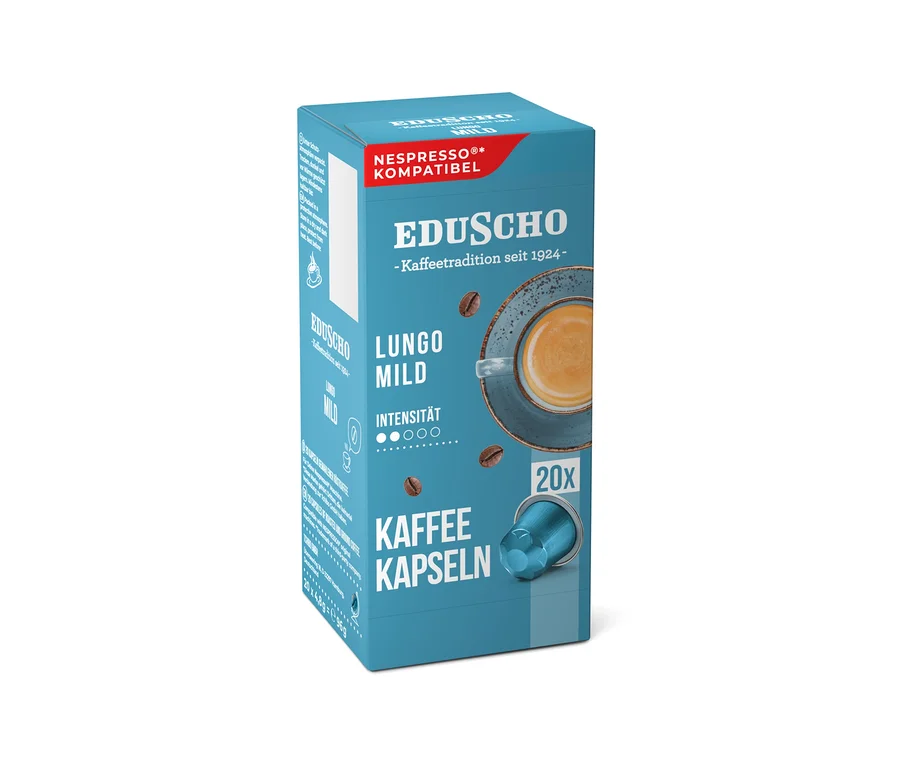 Blaue Packung Eduscho Lungo Mild Kaffeekapseln, Nespresso-kompatibel, mit 20 Kapseln. Die Packung zeigt eine Kaffeetasse, Kaffeebohnen und eine blaue Kapsel.