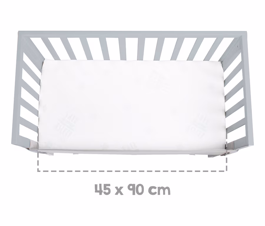 Draufsicht auf ein taupefarbenes roba 2-in-1-Beistellbett »safe asleep®« mit weißer Matratze.