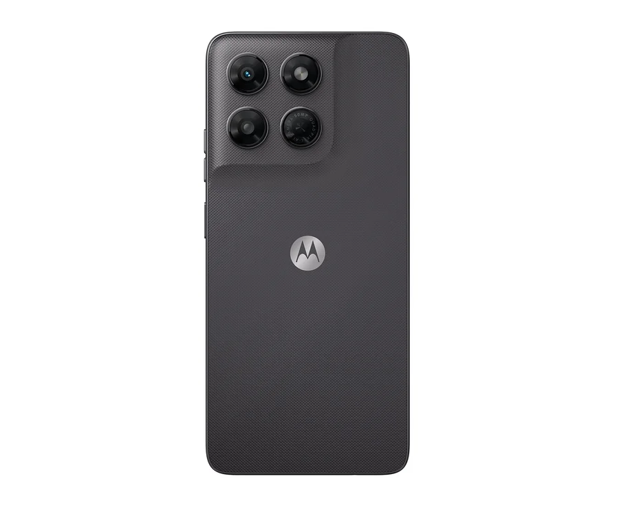 Rückansicht eines dunkelgrauen Motorola moto g37 5G Smartphones mit texturierter Oberfläche. Es zeigt ein quadratisches Kameramodul oben links mit vier Linsen, eine davon mit "50MP QUAD PIXEL" beschriftet, und ein silbernes Motorola-Logo in der Mitte.