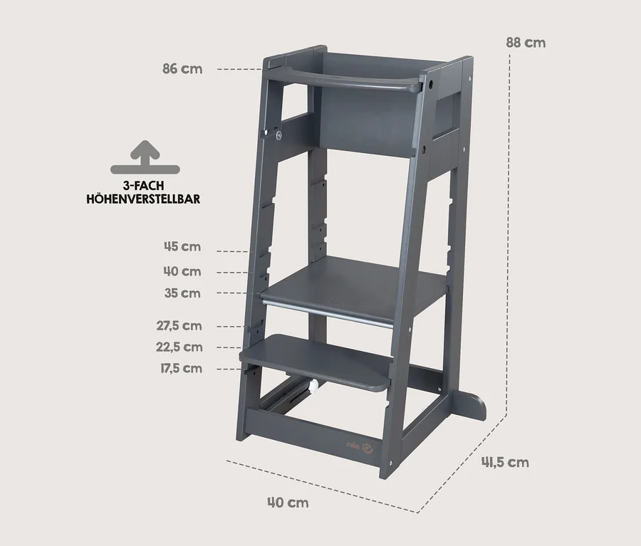 Dunkelgrauer, 3-fach höhenverstellbarer Hochstuhl aus Holz mit Sicherheitsbügel, 88 cm hoch, 40 cm breit, 41,5 cm tief, Marke Roba.