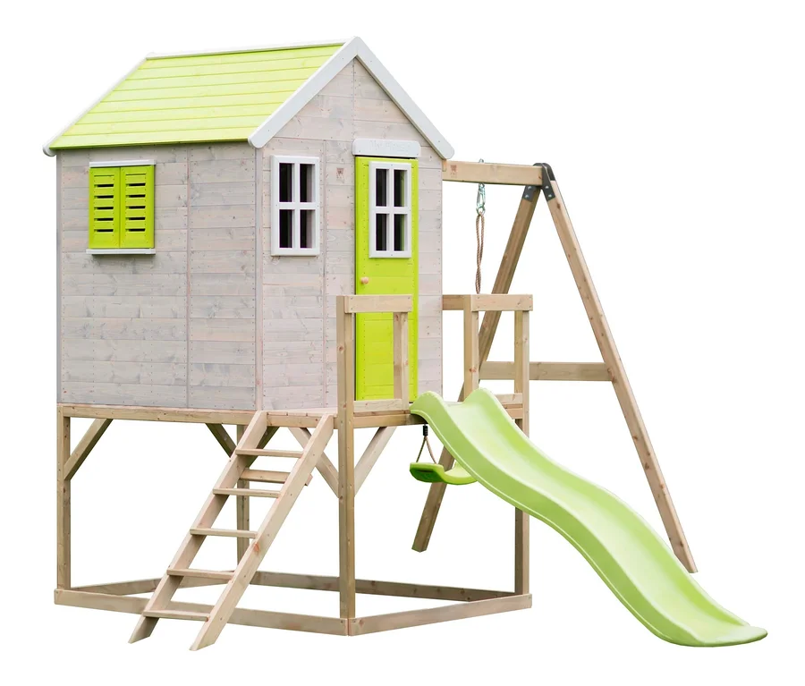 Ein Wendi-Toys-Kinderspielhaus »Elefant Lime« mit Rutsche und Schaukel.