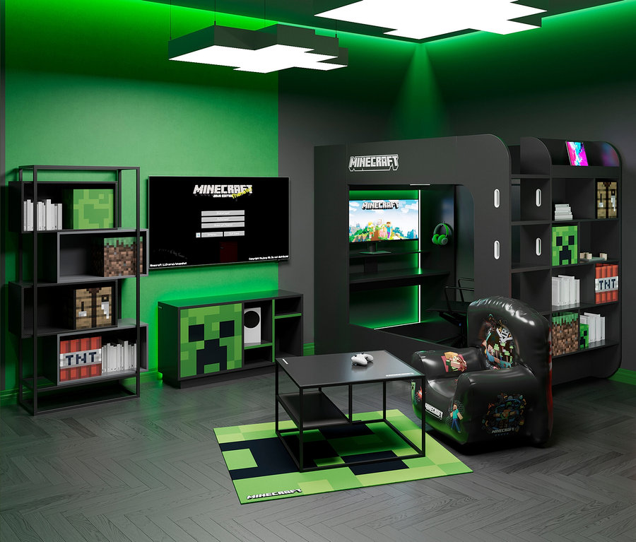 Zimmer mit roba Minecraft Bücherregal mit 4 Fächern, Kommode und 2 MINECRAFT Aufbewahrungsboxen, Grasblock.