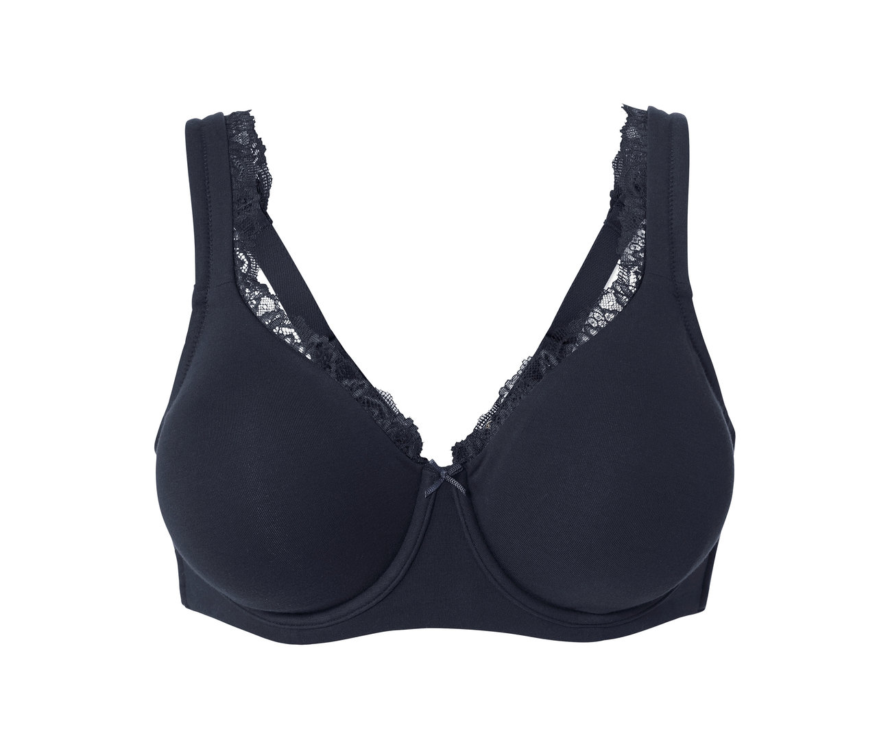 Ein schwarzer Bügel-BH mit Spitzeneinfassung auf weißem Hintergrund.