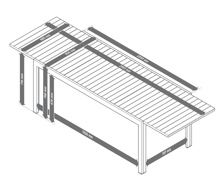 Eine Schemazeichnung des ausziehbaren Gartentischs Liska mit den dazugehörigen Maßen.