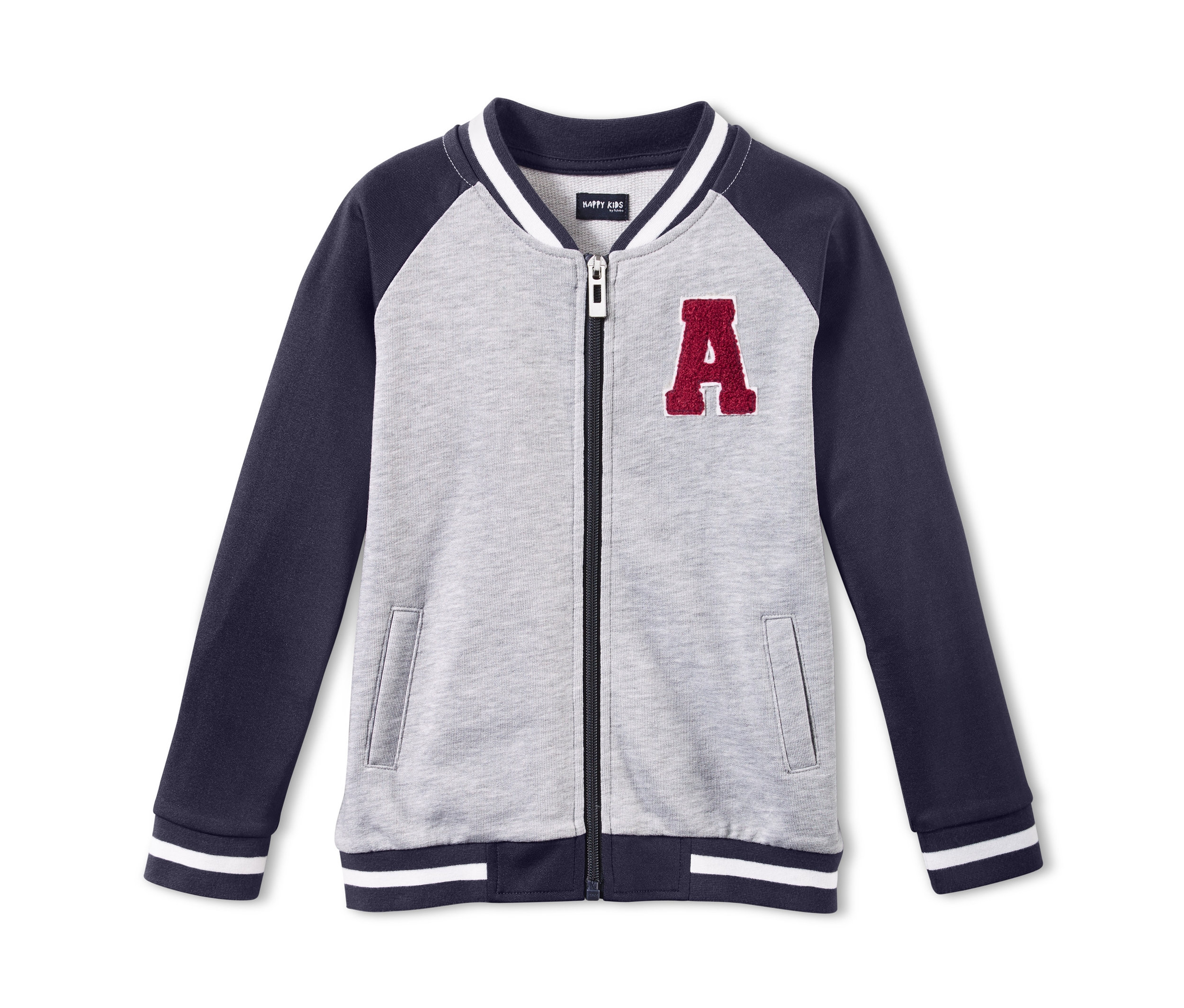 Graue College-Jacke mit dunkelblauen Ärmeln und rotem Buchstaben A.