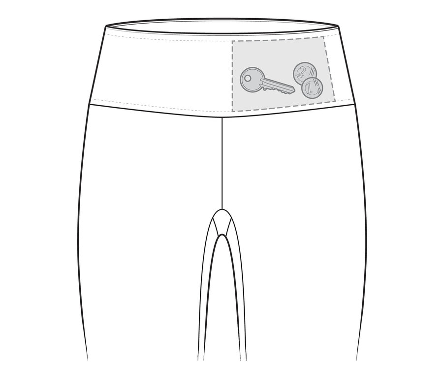 Illustration der oberen Hälfte einer Power-Sporttight mit Schlüssel und Münzen in der Tasche.