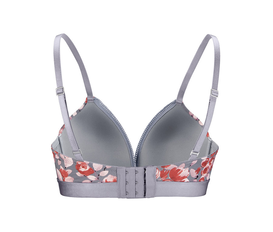 Rückansicht eines grauen Softschalen-BHs mit Blumenmuster.