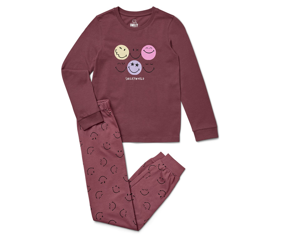 Weinroter Schlafanzug mit langen Ärmeln und Hosen mit Smiley-Aufdruck.