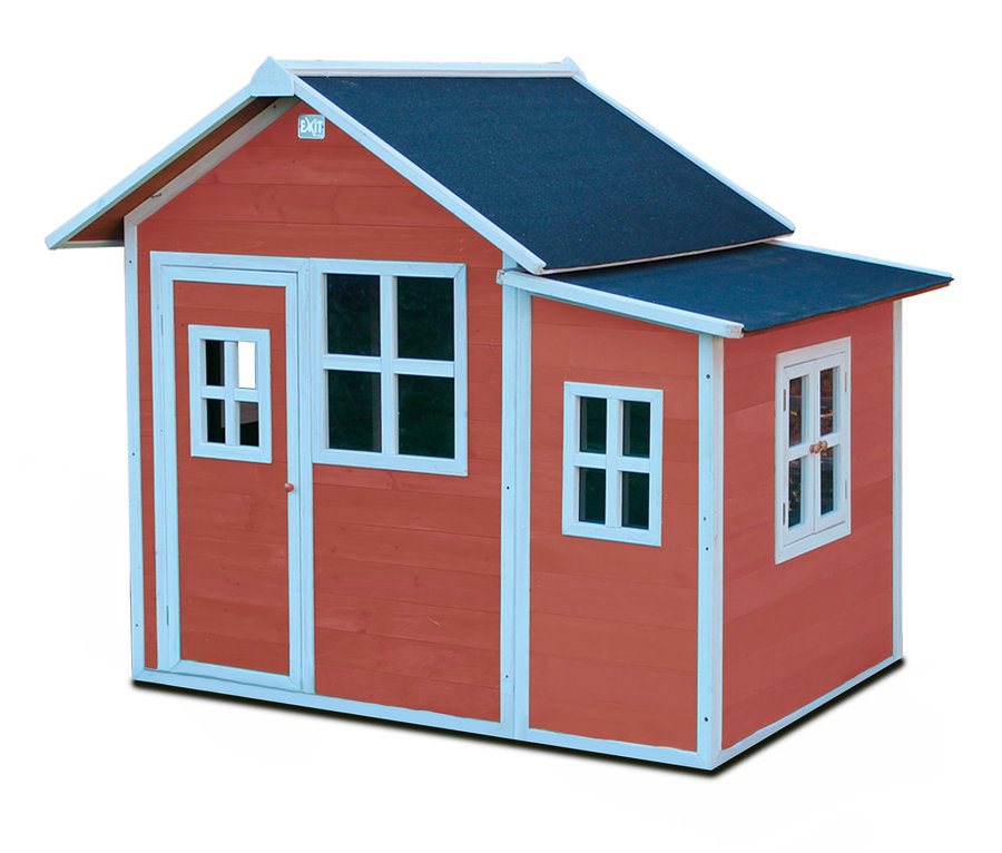 Rotes EXIT Spielhaus »Loft 150« mit weißen Fenstern und dunkelblauem Dach.