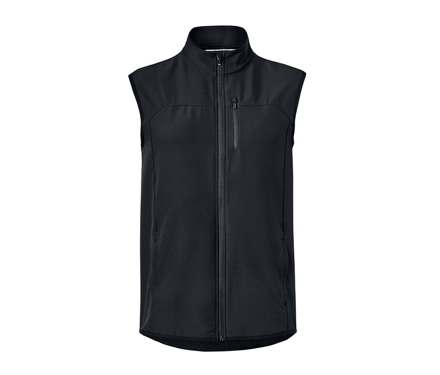 Schwarze Softshellweste mit Reißverschluss in der Mitte.