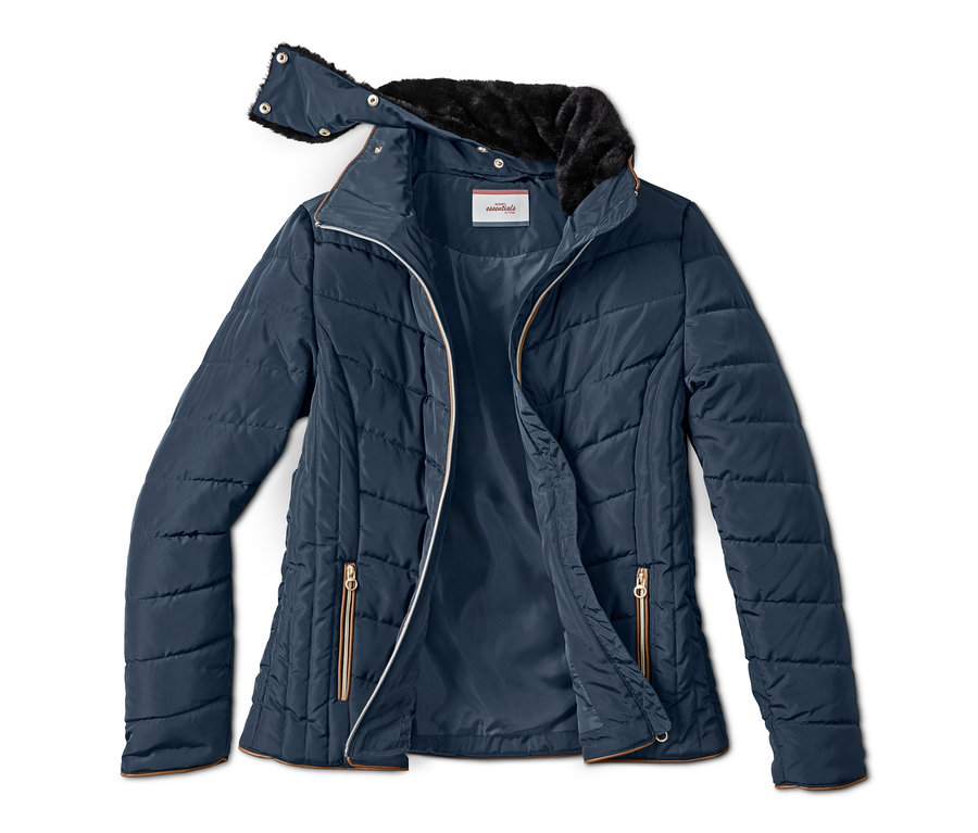 Marineblaue Steppjacke mit Fellbesatz und Reißverschluss.