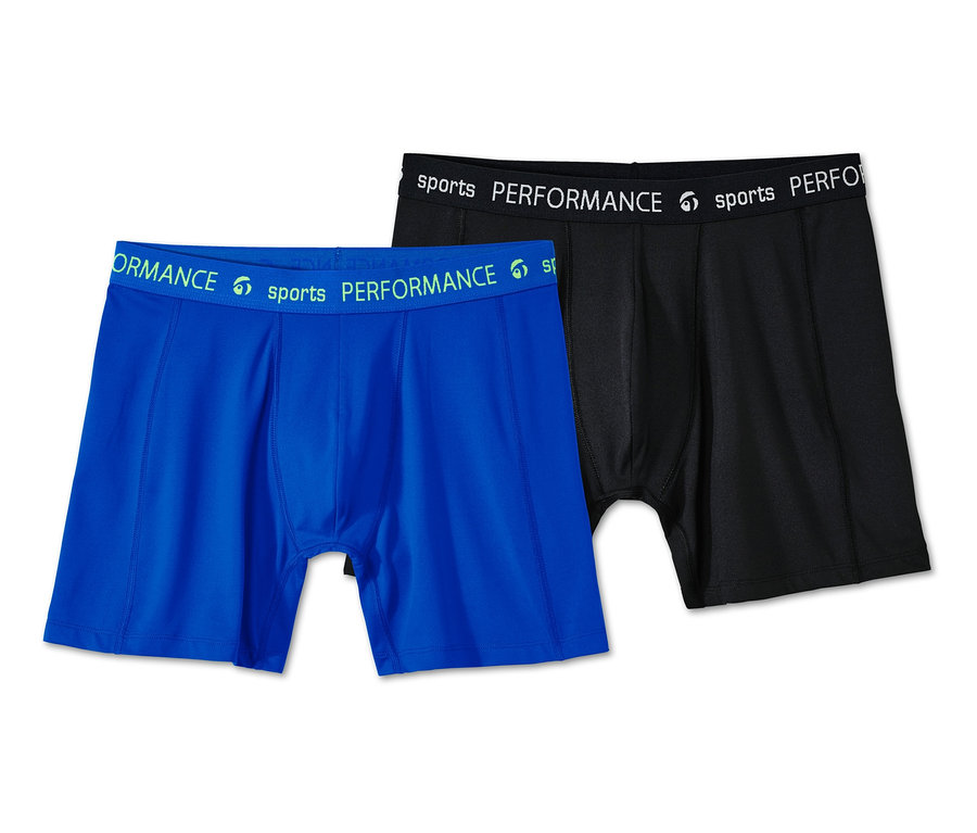 Zwei Sport-Slipboxer, eine blau, eine schwarz. Beide haben einen elastischen Bund mit dem Aufdruck Sports PERFORMANCE.