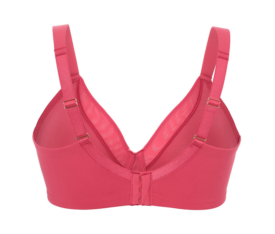 Detailaufnahme eines pinkfarbenen Minimizer-BHs mit verstellbaren Trägern und Hakenverschluss.
