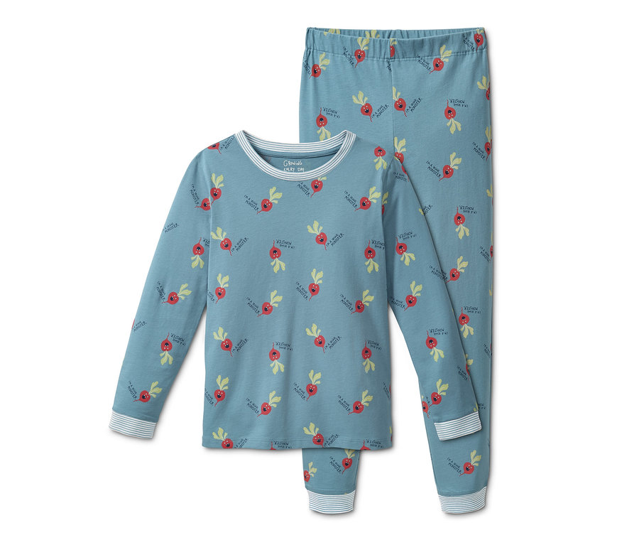 Ein blauer Pyjama mit Radieschen-Print.
