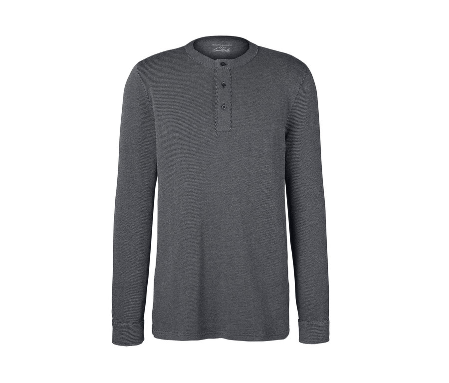 Graues Jacquard-Henley mit langen Ärmeln und drei Knöpfen.