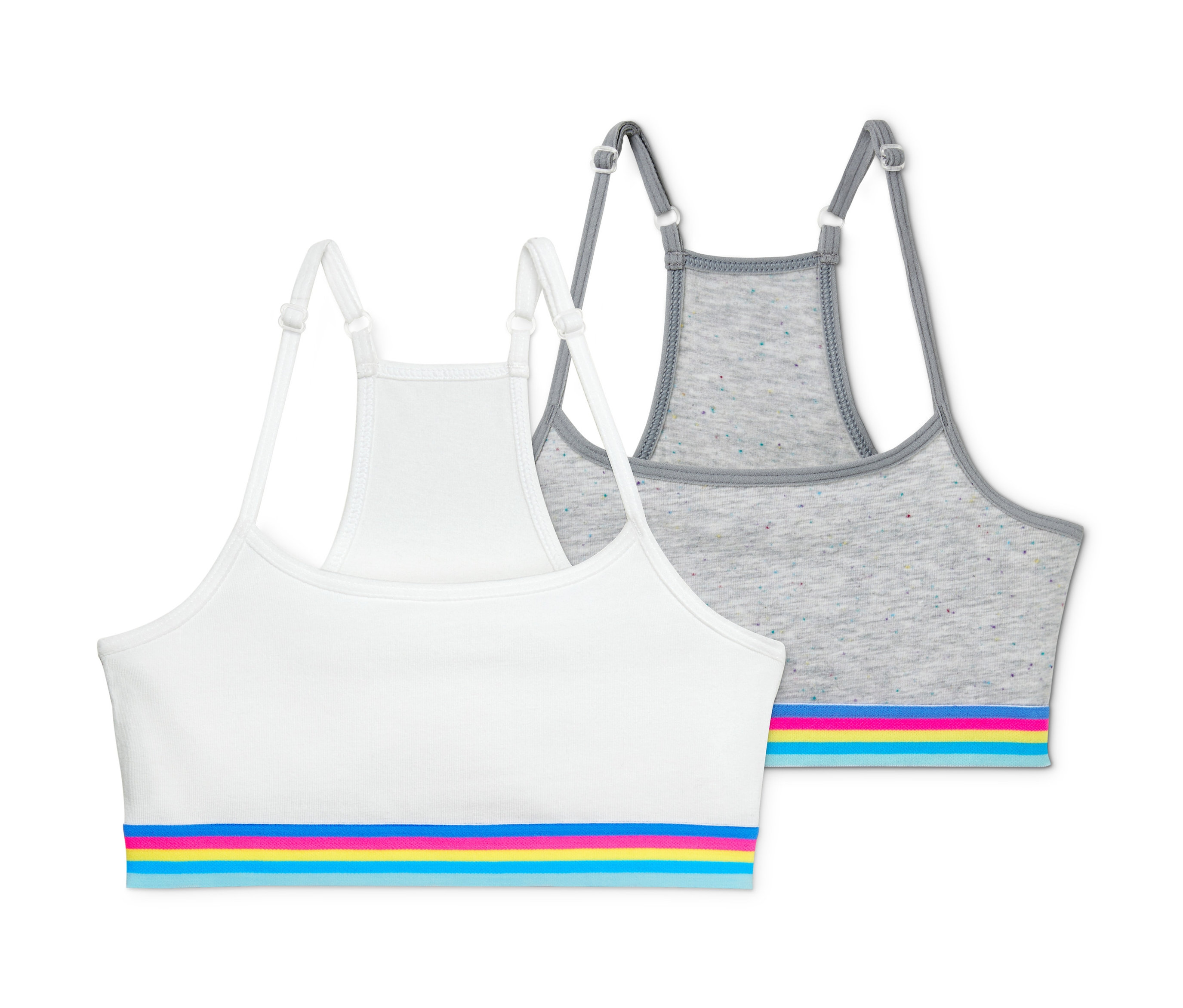 Zwei Mädchen-Bustiers, eines weiß, eines grau, jeweils mit bunten Streifen.