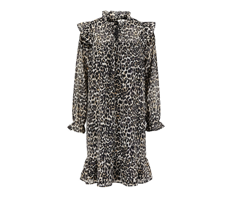 Kleid mit Alloverprint, Stehkragen, langen Ärmeln und Rüschen.