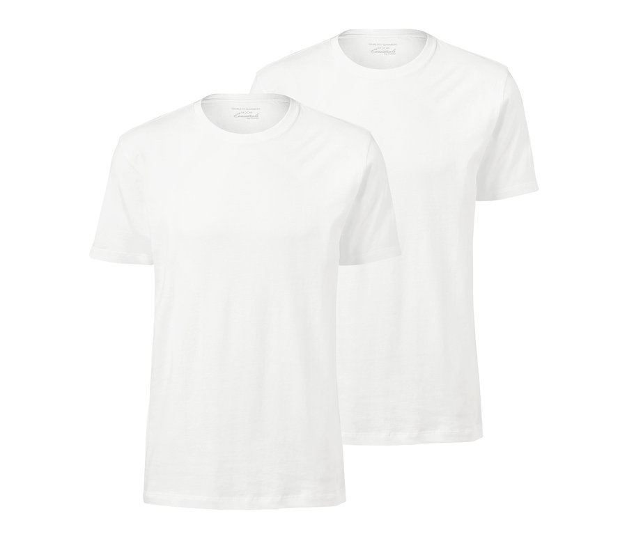 Zwei weiße T-Shirts mit Rundhalsausschnitt.