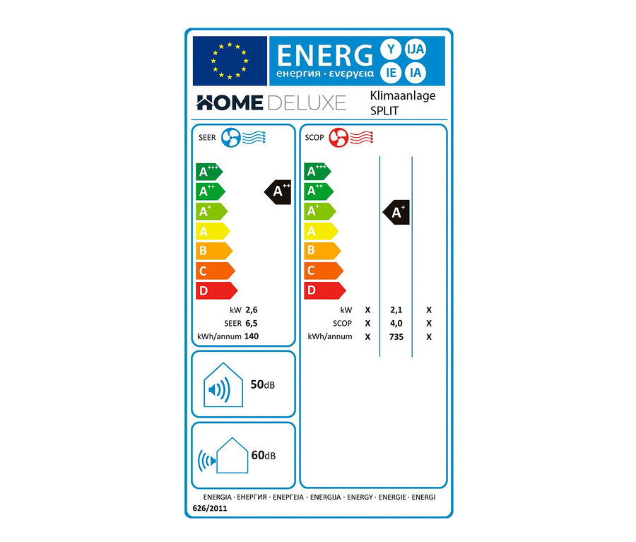 Energielabel der Home-Deluxe-Klimaanlage »SPLIT« mit den Energieeffizienzklassen Kühlen A++ und Heizen A+.