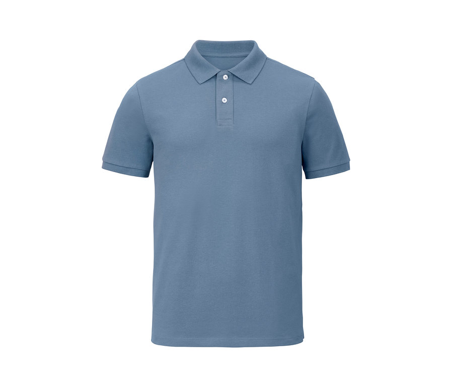 Blaues Piqué-Poloshirt mit kurzen Ärmeln und Knopfleiste.