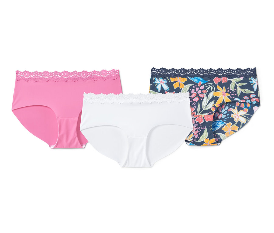 Drei Magic-Cut-Pantys: eine pinke, eine weiße und eine mit Blumenmuster.