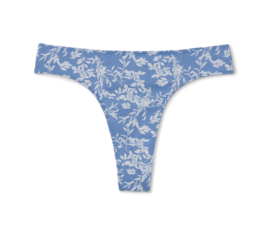 Ein einzelner, hellblauer String aus einem 5er-Pack mit weißem Blumenmuster.