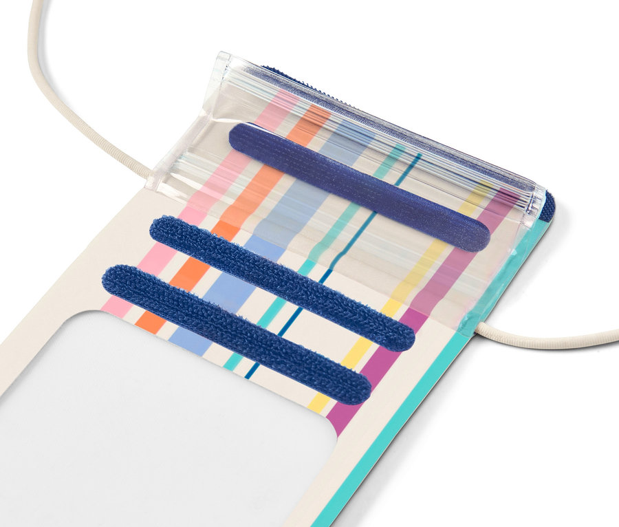 Wasserdichte Smartphone-Hülle mit bunten Streifen und blauen Klettverschlüssen.