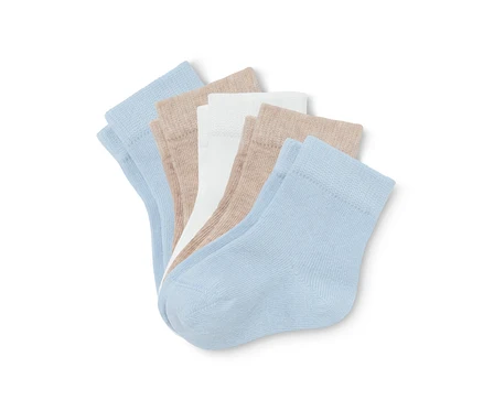 Fünf Paar Babysocken aus Bio-Baumwolle in Blau, Beige und Weiss.
