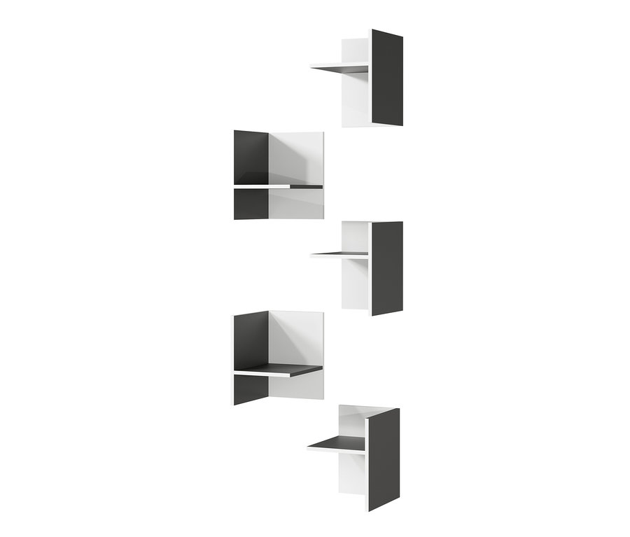 Vier »GW-Pasadena« Regale in Weiß und Anthrazit auf weißem Hintergrund angeordnet.