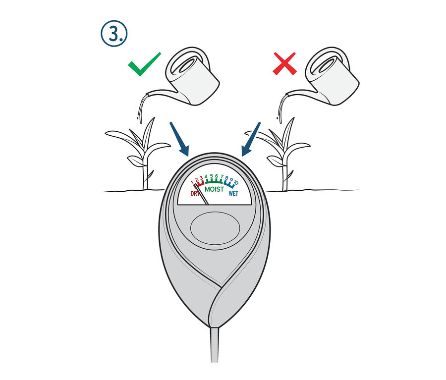 Illustration eines Feuchtigkeitsmessers, der die Bewässerung von Pflanzen mit korrekten und inkorrekten Methoden darstellt.