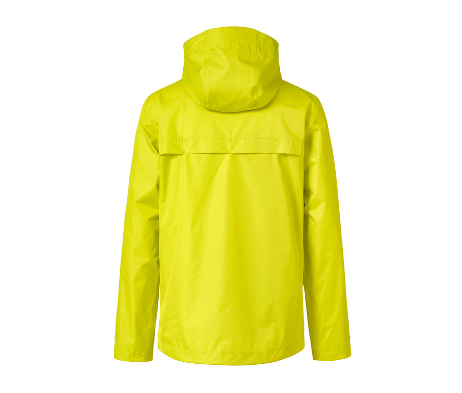 Detailansicht der Rückseite einer gelben Unisex-Regenjacke mit Kapuze.