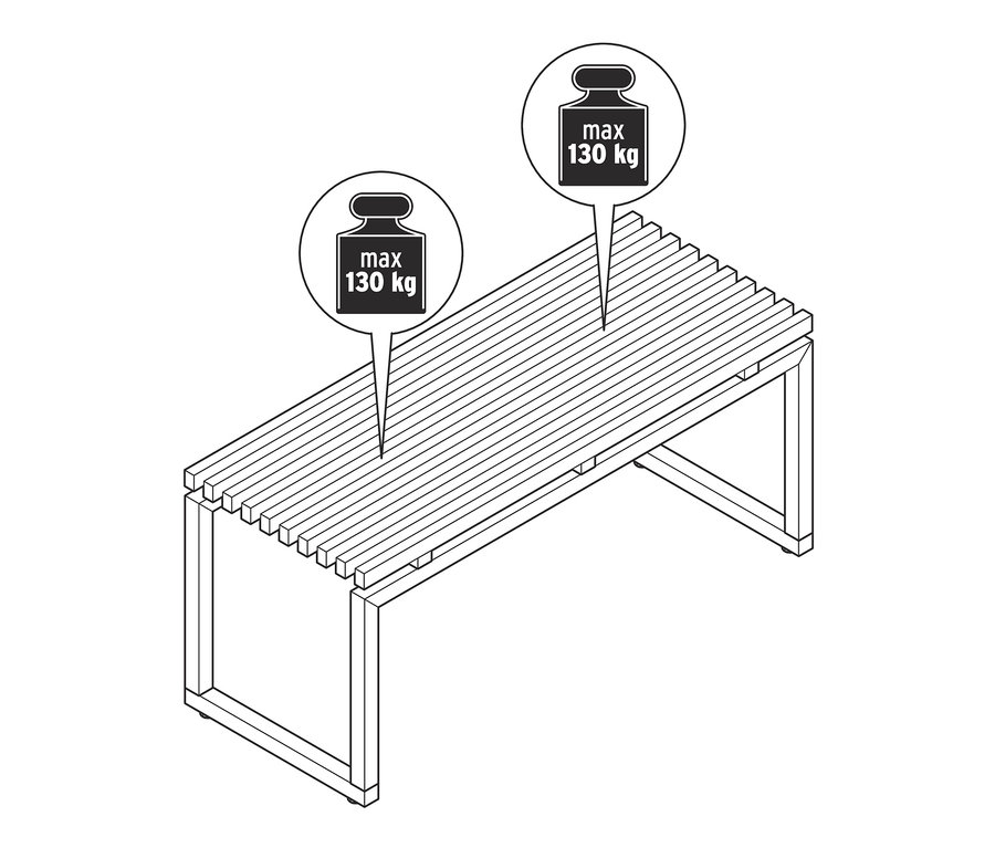 Zeichnung einer Sitzbank aus FSC®-zertifiziertem Eichen-Massivholz. Die maximale Belastung beträgt 130 kg.