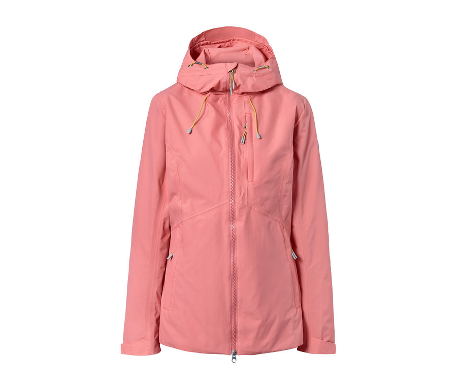 Eine rosafarbene Funktions-Outdoorjacke mit Kapuze.