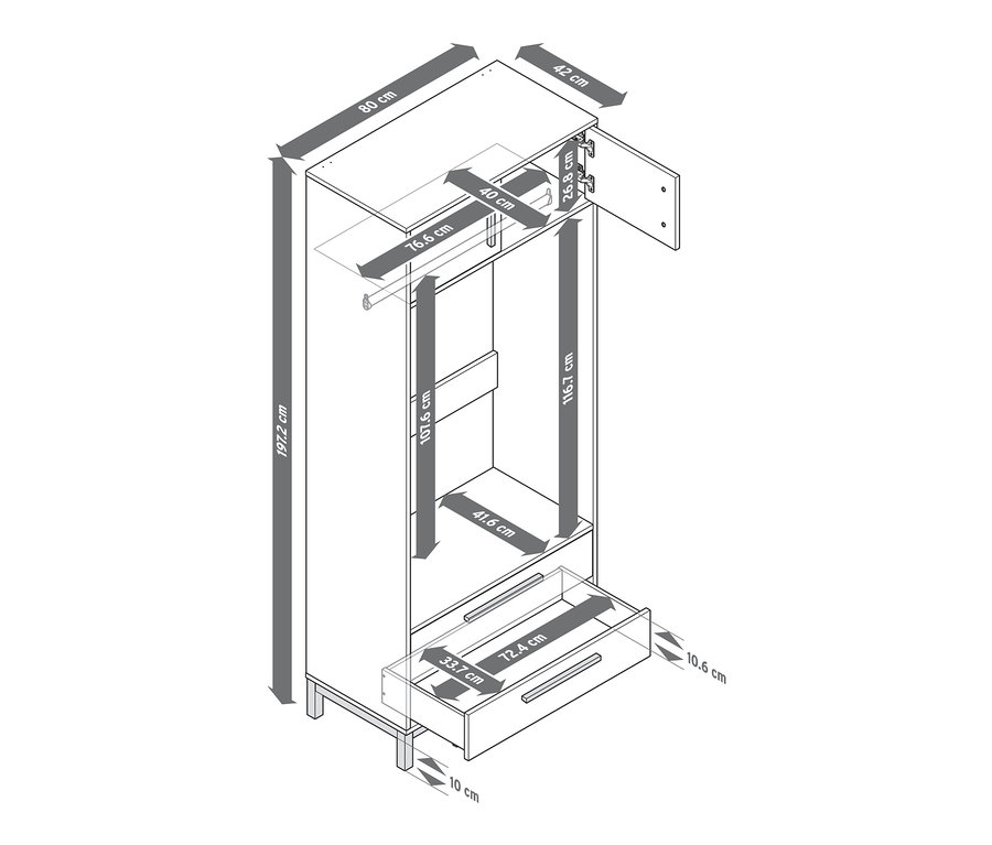 Illustration einer Garderobe »Eklund« mit Stauraum, deren Abmessungen mit Pfeilen gekennzeichnet sind.