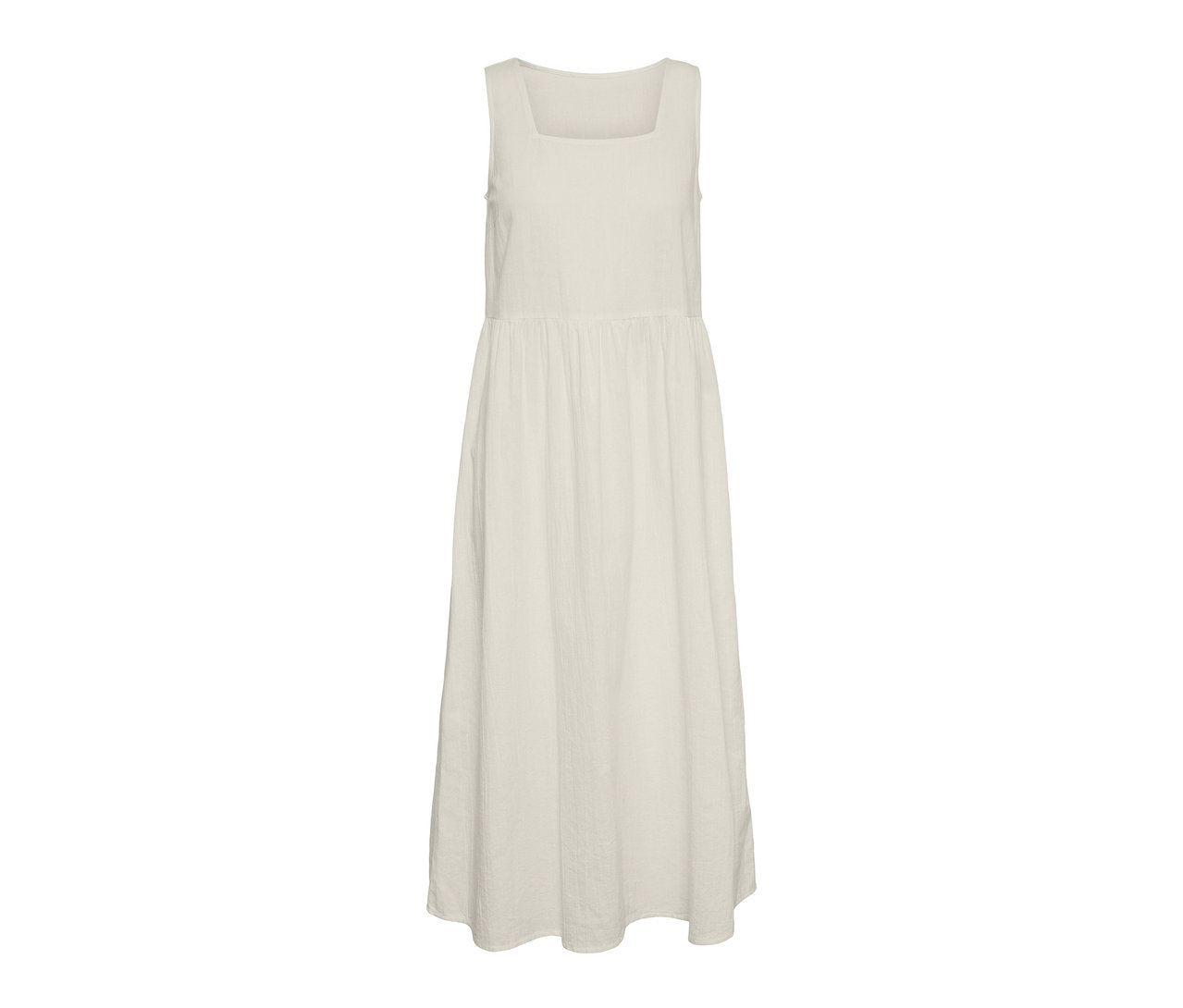 Ein cremefarbenes Midikleid mit breiten Trägern.